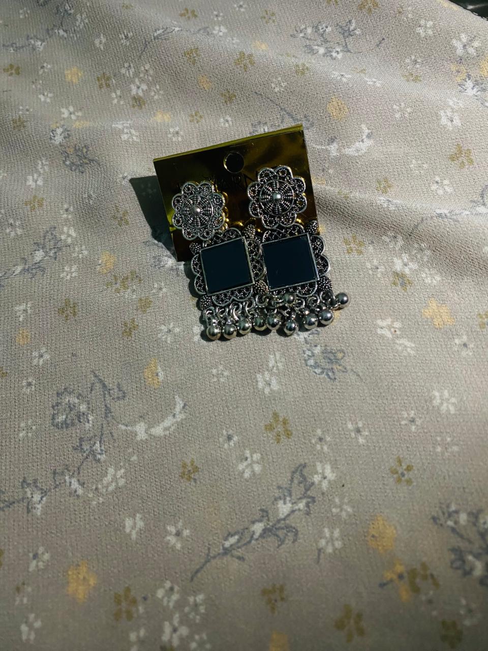 Oxidized Silver Mirror Work Jhumka Earrings