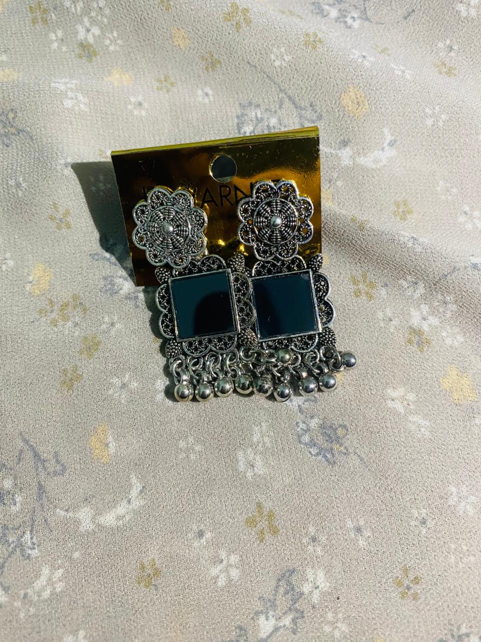 Oxidized Silver Mirror Work Jhumka Earrings