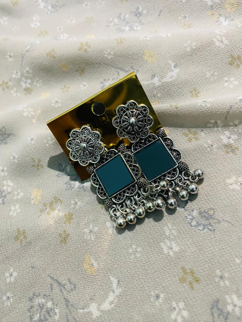 Oxidized Silver Mirror Work Jhumka Earrings